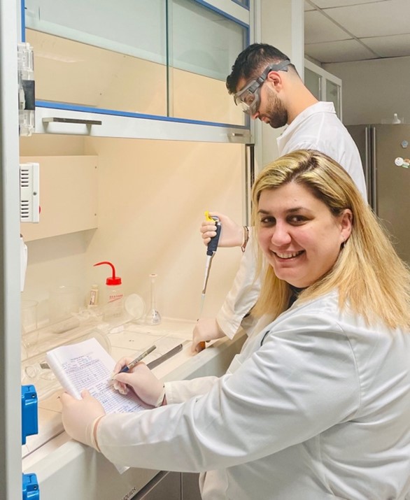 Dr. Panagiota Tsafrakidou working with Arsen Gkektsian (biological technician) at the EBCL chemistry laboratory in Thessaloniki, Greece.